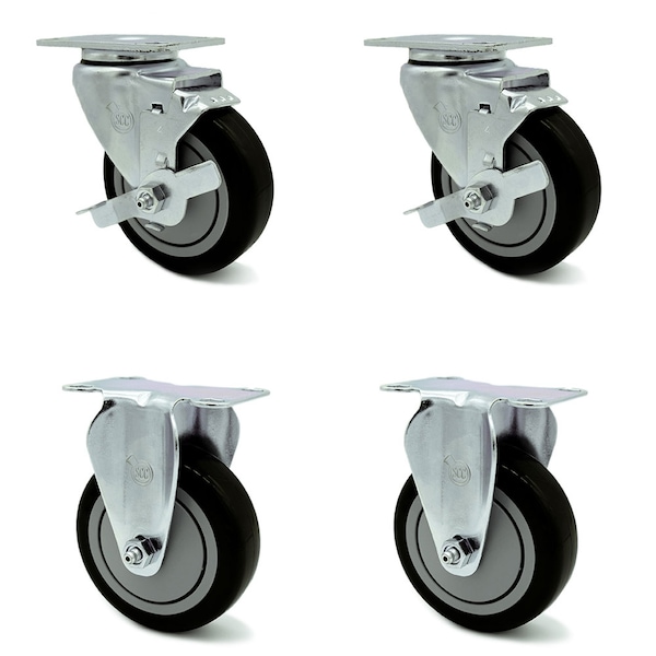 Service Caster 4 Inch Black Polyurethane Wheel Swivel Top Plate Caster Set with 2 Brake 2 Rigid SCC-20S414-PPUB-BLK-TLB-TP2-2-R-2 - main